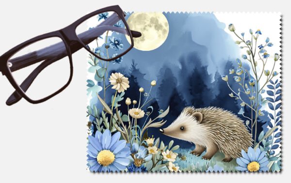 A hedgehog by the light of a full moon with flowers lens cleaning cloth