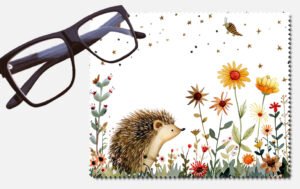 A hedgehog with stars and an insect and lots of flowers lens cleaning cloth