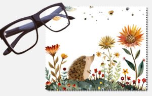 A hedgehog eyes closed, nose up with lots of flowers lens cleaning cloth