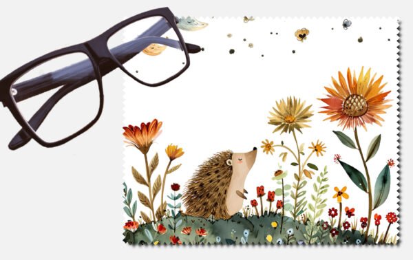 A hedgehog eyes closed, nose up with lots of flowers lens cleaning cloth
