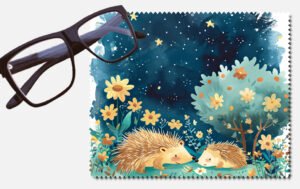 Two hedgehogs with a tree, stars and lots of flowers lens cleaning cloth