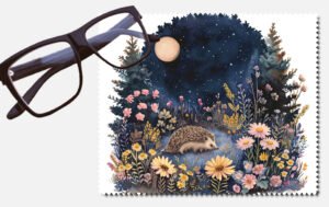 A hedgehog in a forest surrounded by flowers lens cleaning cloth