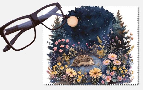 A hedgehog in a forest surrounded by flowers lens cleaning cloth