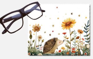 A hedgehog with flowers and stars lens cleaning cloth
