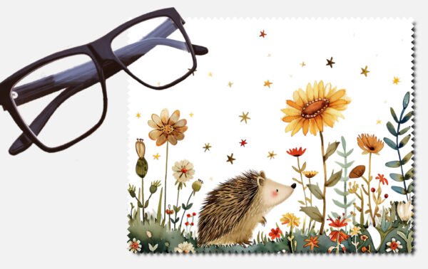 A hedgehog with flowers and stars lens cleaning cloth