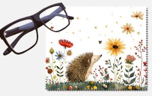 A hedgehog with floating flowers and stars lens cleaning cloth