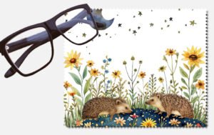 Two hedgehogs with flowers and stars and a moon lens cleaning cloth
