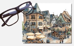 Lots of people in an olden days town lens cleaning cloth