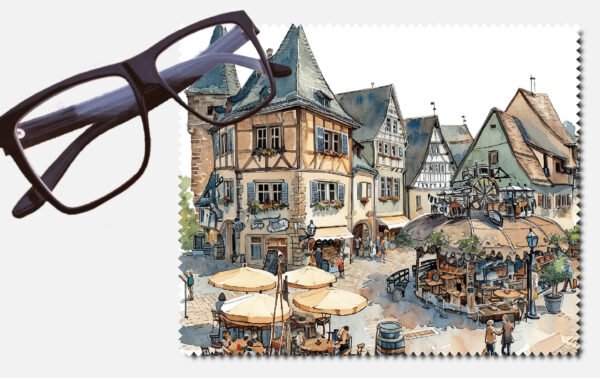 Lots of people in an olden days town lens cleaning cloth