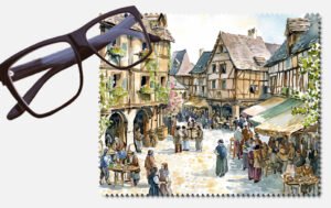 Lots of people in an really olden days town lens cleaning cloth