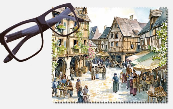 Lots of people in an really olden days town lens cleaning cloth