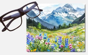 Snowy mountains above green pastures with flowers design 1 lens cleaning cloth