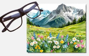 Snowy mountains above green pastures with flowers design 2 lens cleaning cloth