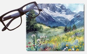 Snowy mountains above green pastures with flowers design 3 lens cleaning cloth