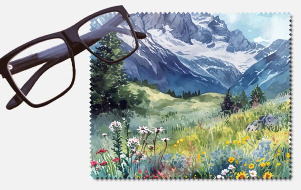 Snowy mountains above green pastures with flowers design 3 lens cleaning cloth