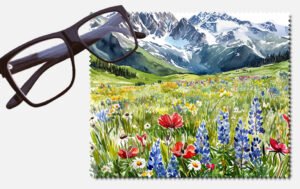 Snowy mountains above green pastures with flowers design 4 lens cleaning cloth