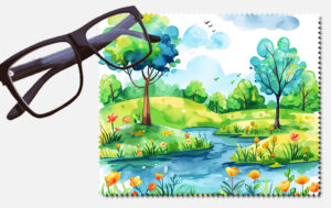 Landscape with trees, flowers and a stream lens cleaning cloth