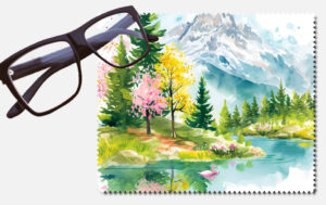 Landscape with trees, flowers and a river lens cleaning cloth