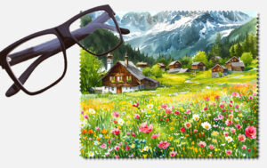 Cabins with flowers, hills and trees lens cleaning cloth
