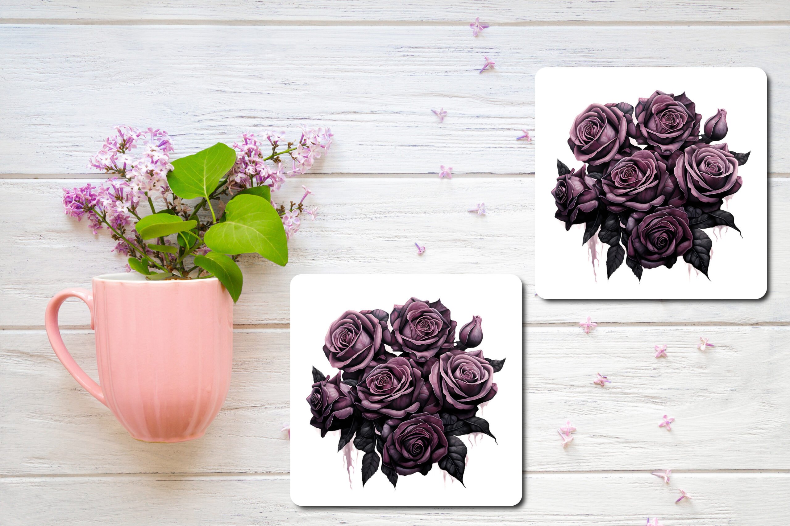 A Bouquet of Dark Roses Design 9 Printed Coasters